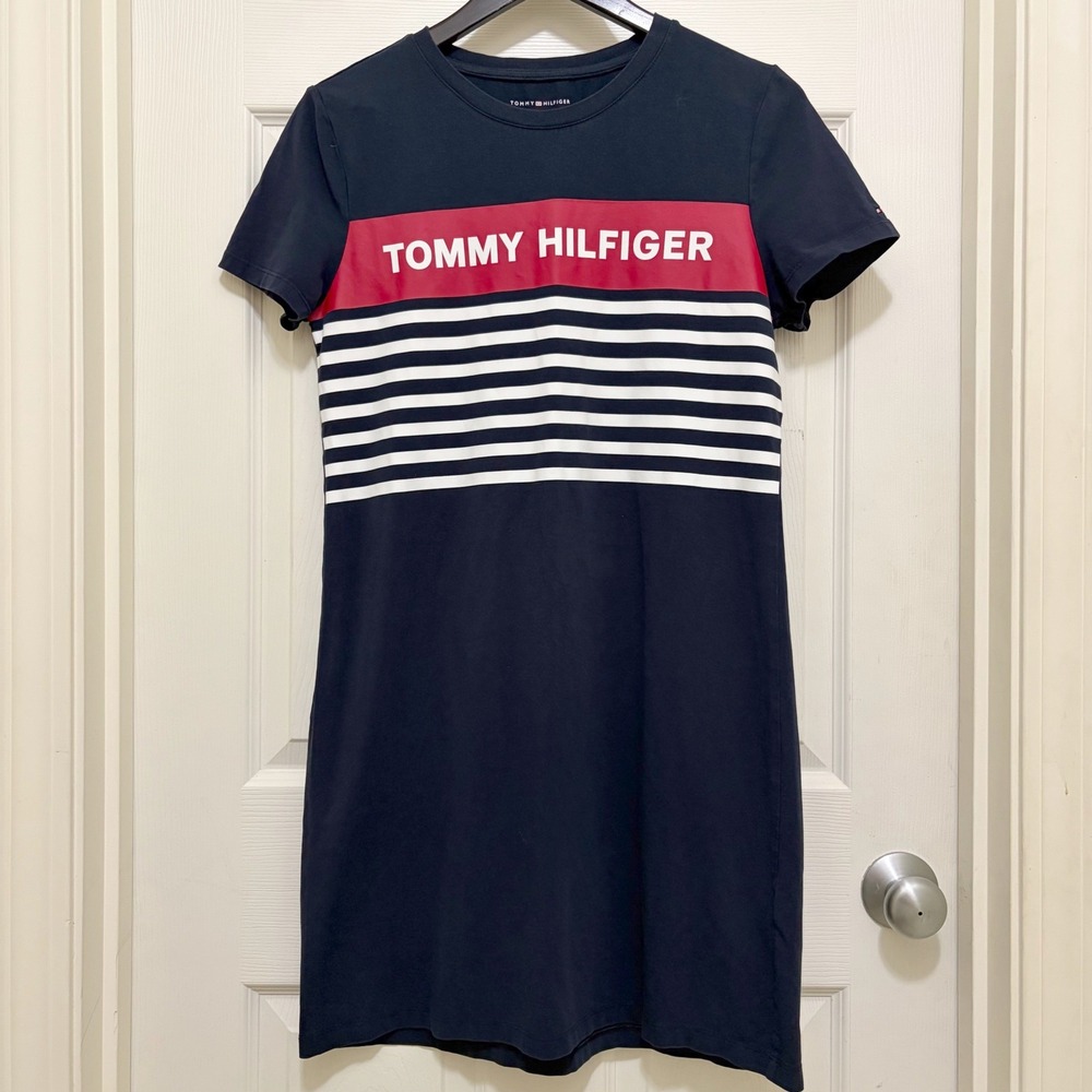 Tommy Hilfiger T-Shirt Dress M Navy Blue Cotton Blend Casual Americana Nautical